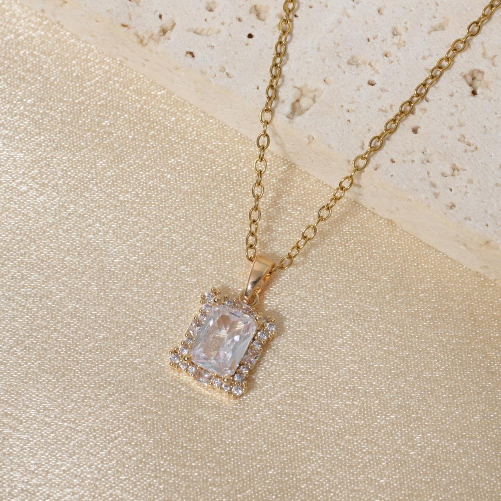 Simple Square Zirconia Pendant Necklaces for Women Stainless Steel Jewelry Party Accessories