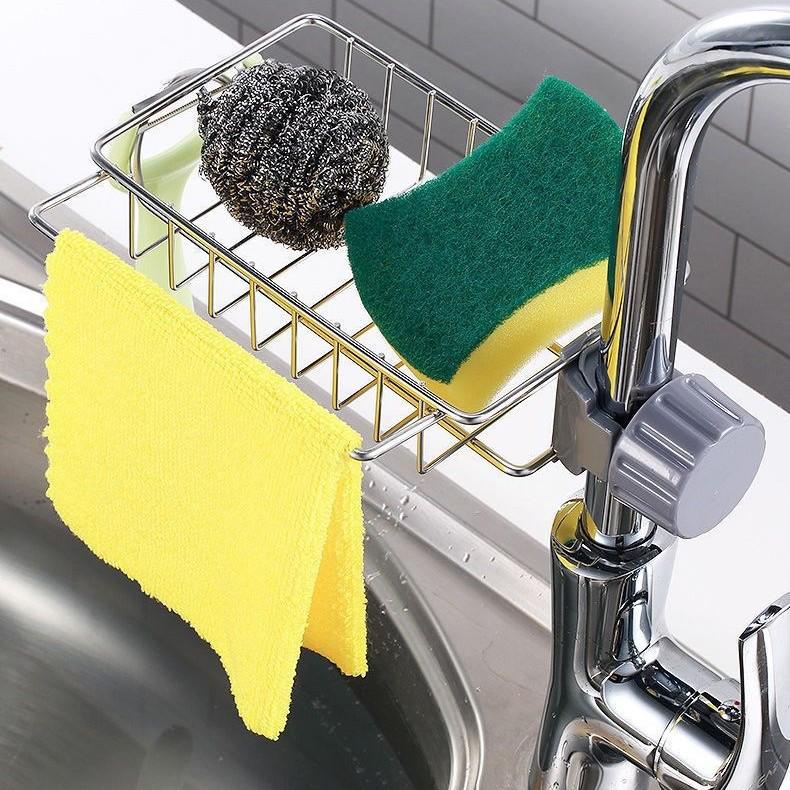 Punch-Free Stainless Steel Kitchen Sink Storage Rack for Sponge, Rag & Brush