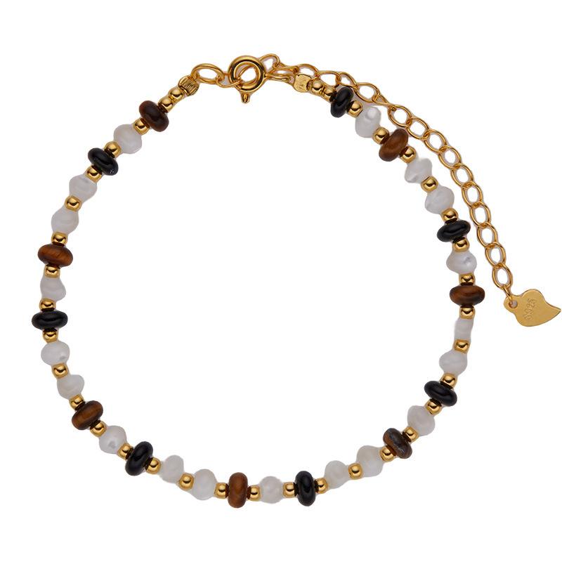 Natural Gemstone, Tiger Eye, White Fritillary, Black Agate, Colored Treasure, Beaded Bracelet For Women, With S925 Whole Body Sterling Silver.