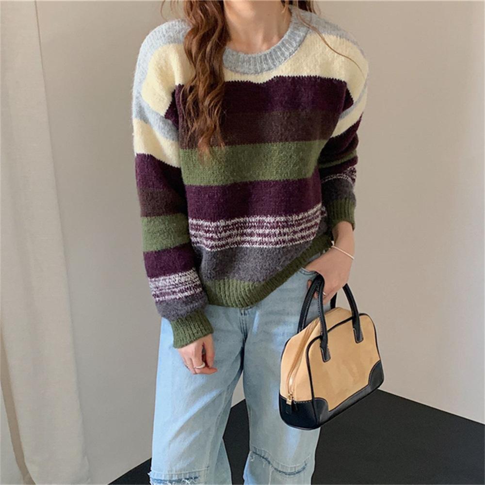 Color striped pullover sweater women's autumn and winter new lazy wind loose outer wear thickened knitted sweater top
