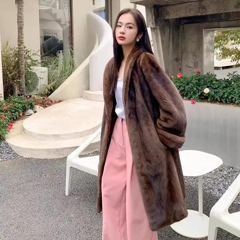 Women's Mink Fur Coat, Velvet Retro Style Lapel, Long Style Mink Fur Coat, Winter Casual Warm Windbreaker