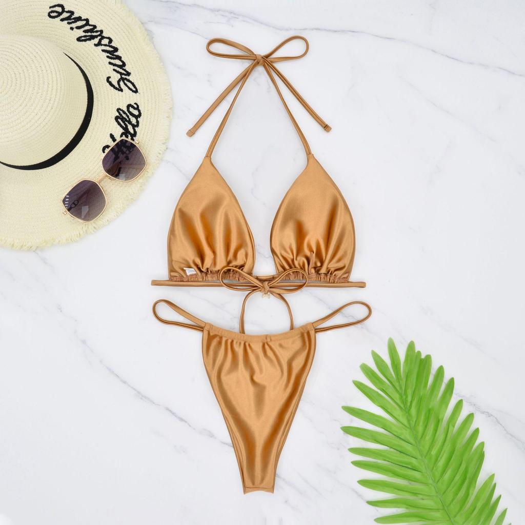 2024 Mehrfarbiger Neckholder-Bikini zum Binden: Sexy einfarbiges Drei-Punkt-Design für europäische und amerikanische Stile