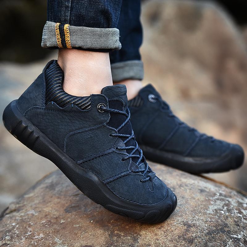 

Модная походная обувь мужская из натуральной кожи коровьей шкуры, треккинговые ботинки, тренд, черные, спортивные, высшего качества, уличные кроссовки для ходьбы, нескользящие, повседневные 38 синий