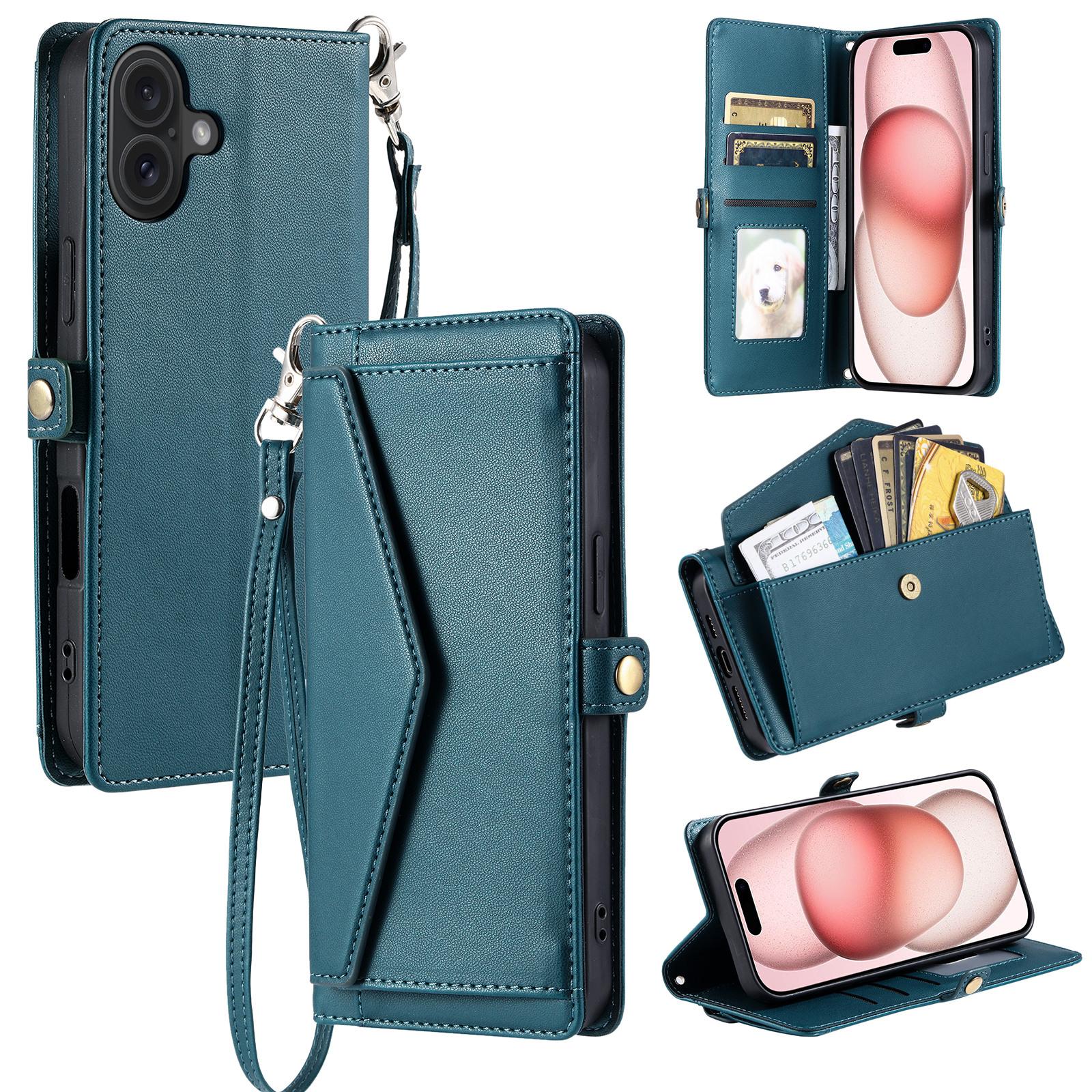 

For iPhone 17 Leather Case with Wrist Strap Wallet Stand Phone Cover Blackish Green