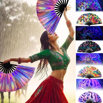 Foldable Bamboo Fan PVC Lightweight UV Fluorescent Folding Fan Portable 33cm Colorful Reflective Fan Stage Performance Dance