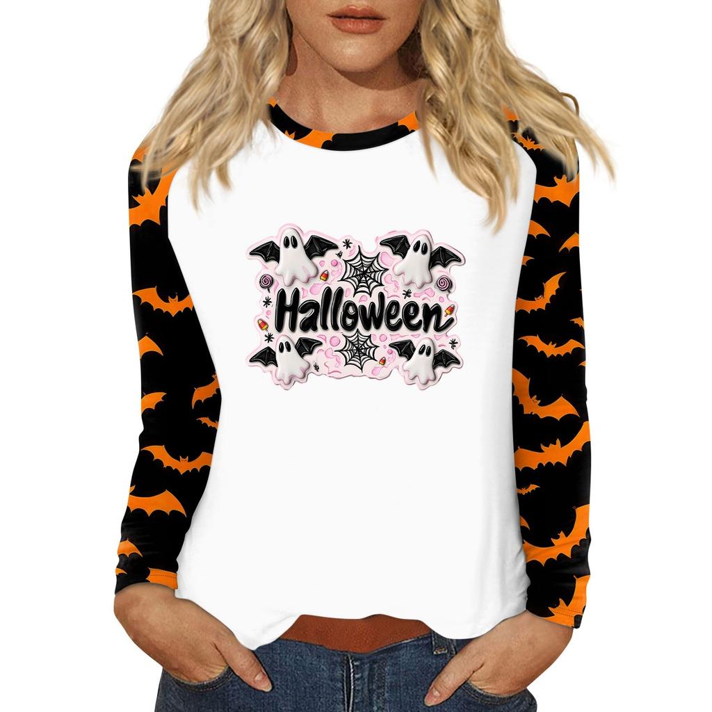 Damen T-Shirt Halloween-Print Langarm Täglich Mode Basic Rundhals Raglanärmel Oberteil