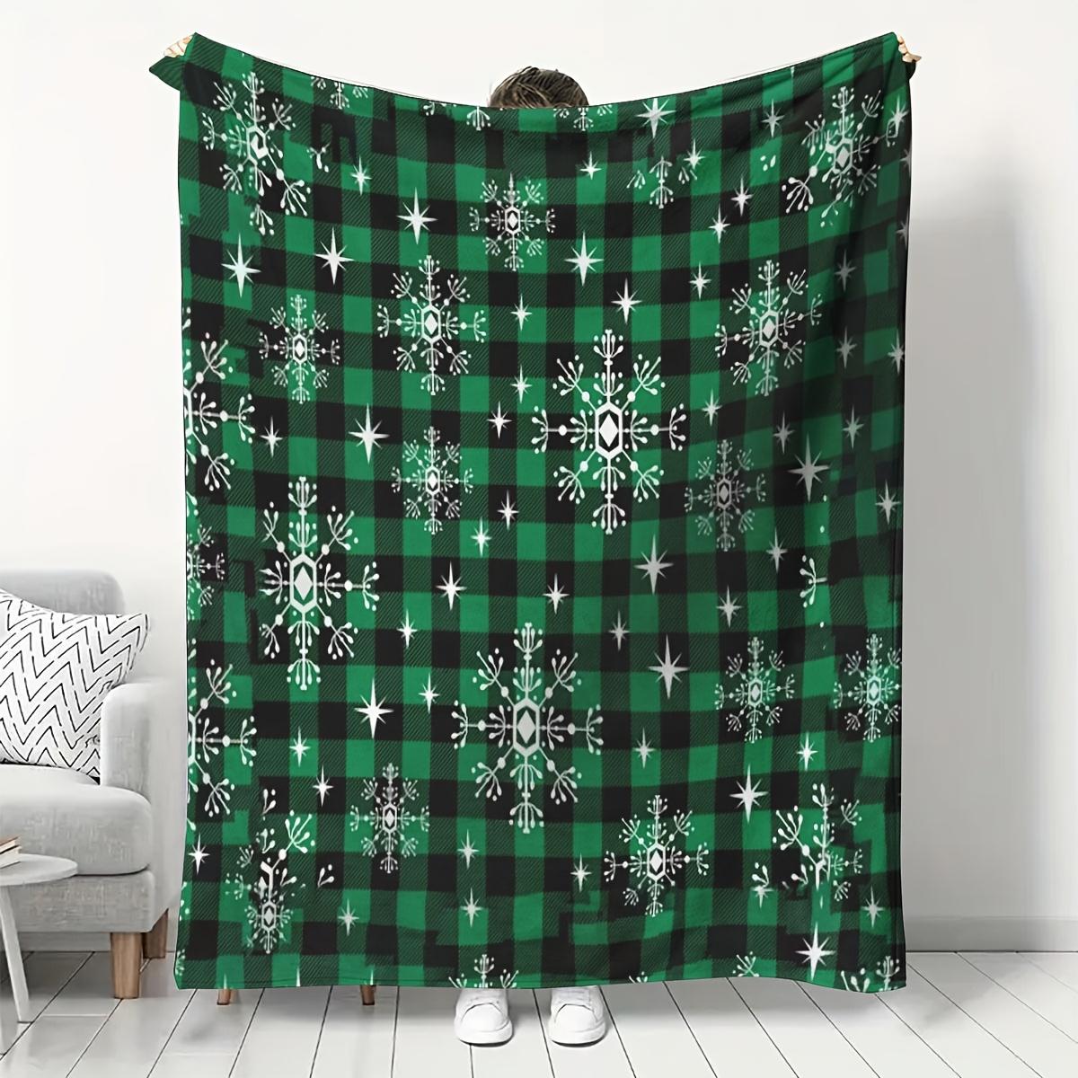 Green Snowflake Plaid Flannel Blanket - Bed, Sofa, Office, Travel, Gift, Decoration, Chair, Cozy and Warm, Christmas 130x150cm