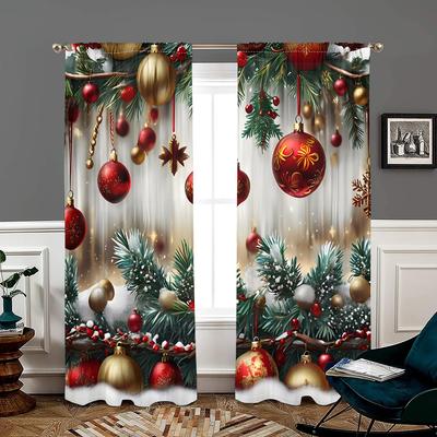 2 pièces, rideaux vert feuille de sapin de Noël à boules de pin - occultation à 30% - adaptés pour salon, chambre, cuisine, décoration intérieure