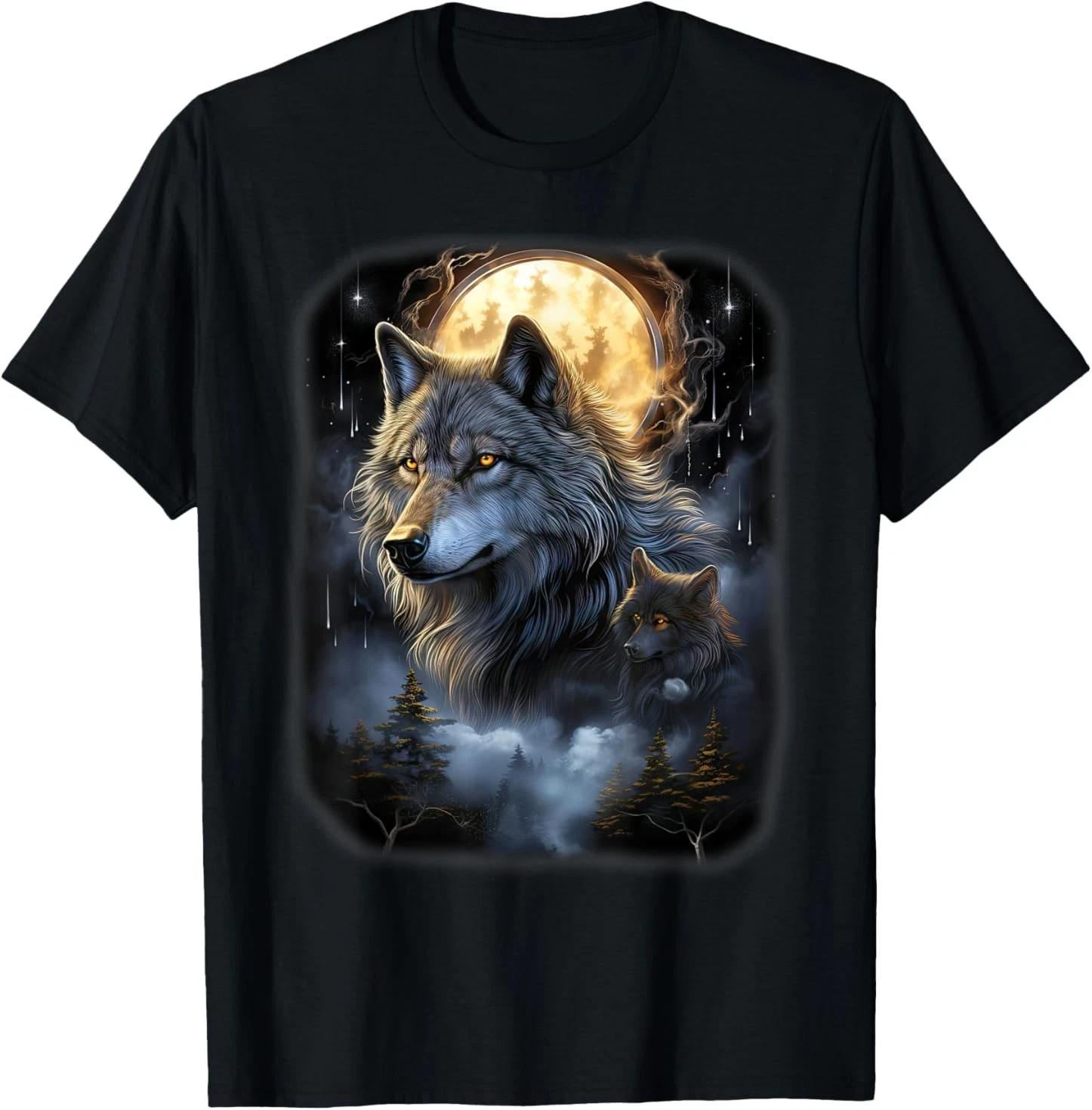 

Wolf Wolves in Forest by Night Moon Fantasy Art Wildlife T-Shirt S