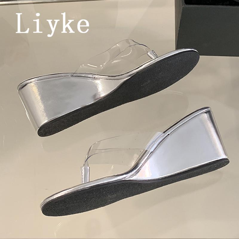 Fashion Liyke PVC Transparent Pinch Narrow Band Women Slippers Wedge Sandals Beach Party Mules Slides Shoes Summer High Heels Flip Flops