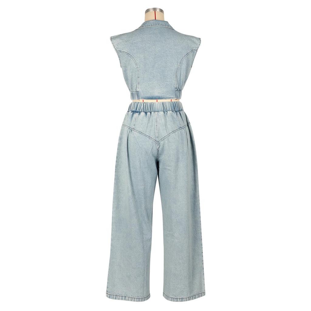 European and American Women's Sleeveless Denim Jeans Two-Piece Suit - Sexy, Loose, Straight Leg Summer Outfit