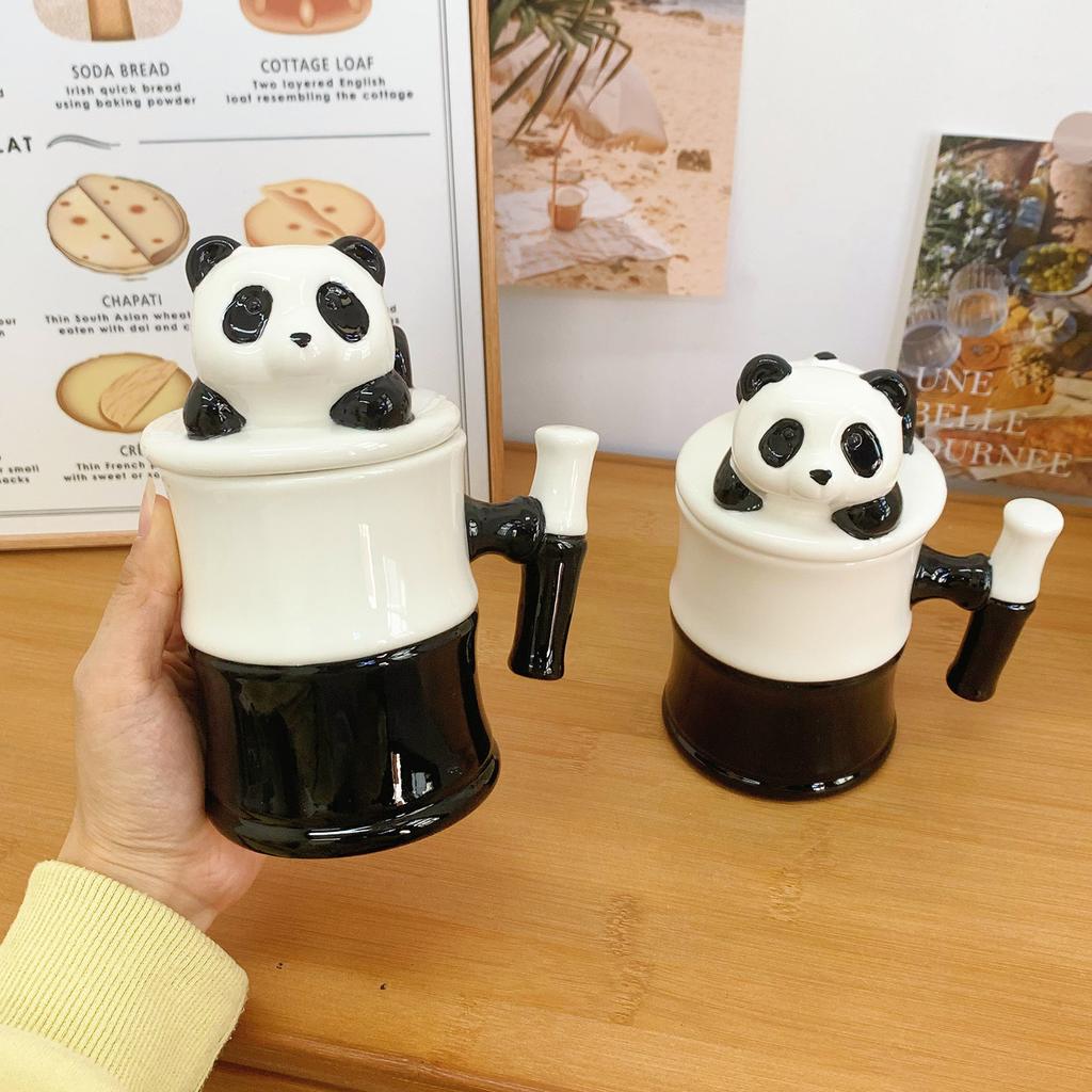 Panda cup high-value ceramic water cup with lid creative mug children's home coffee breakfast cup souvenir