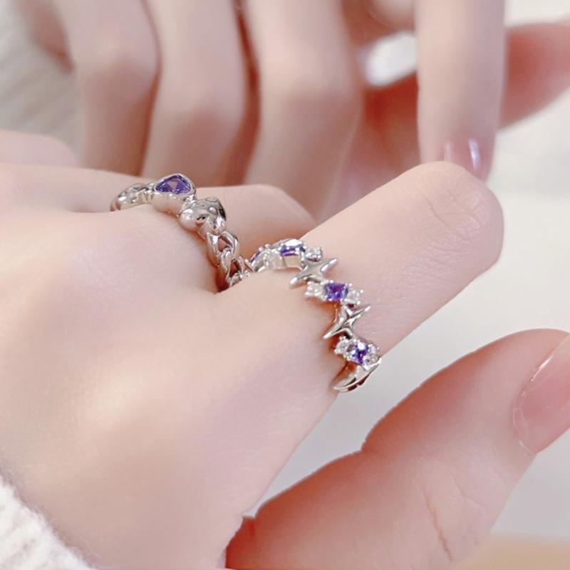 2 Pieces Adjustable Rings Purple Rhinestone Engagement Rings Y2K Rings Aesthetic Jewelry Alloy Material Gift for Women