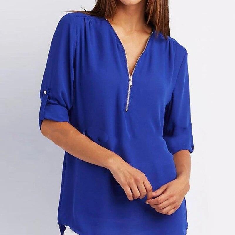 2023 mode V-ausschnitt Zipper Bluse Frauen Langarm Tops Sexy Hemd Beiläufige Lose Chiffon Hemd Feste Kleidung 25811