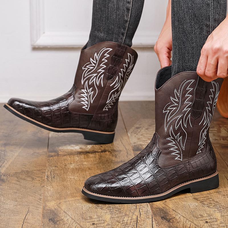Men's Western Cowboy Boots: Retro Crocodile Pattern Embroidered Leather Knight Boots, Large Size, High Cut
