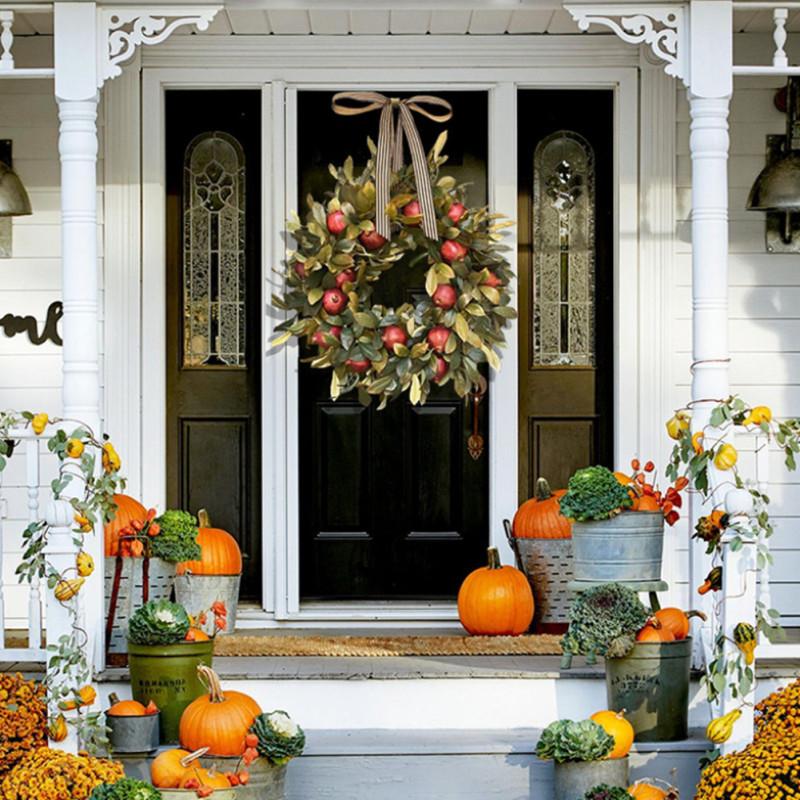 Artificial  Pomegranate  Wreath Bowknot Pomegranate And Leaf Thanksgiving Farmhouse Front Door Decor