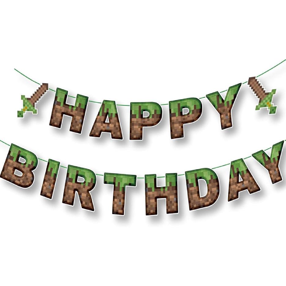 Happy Birthday Banner, Pixel Birthday Decorations Party Favors Supplies