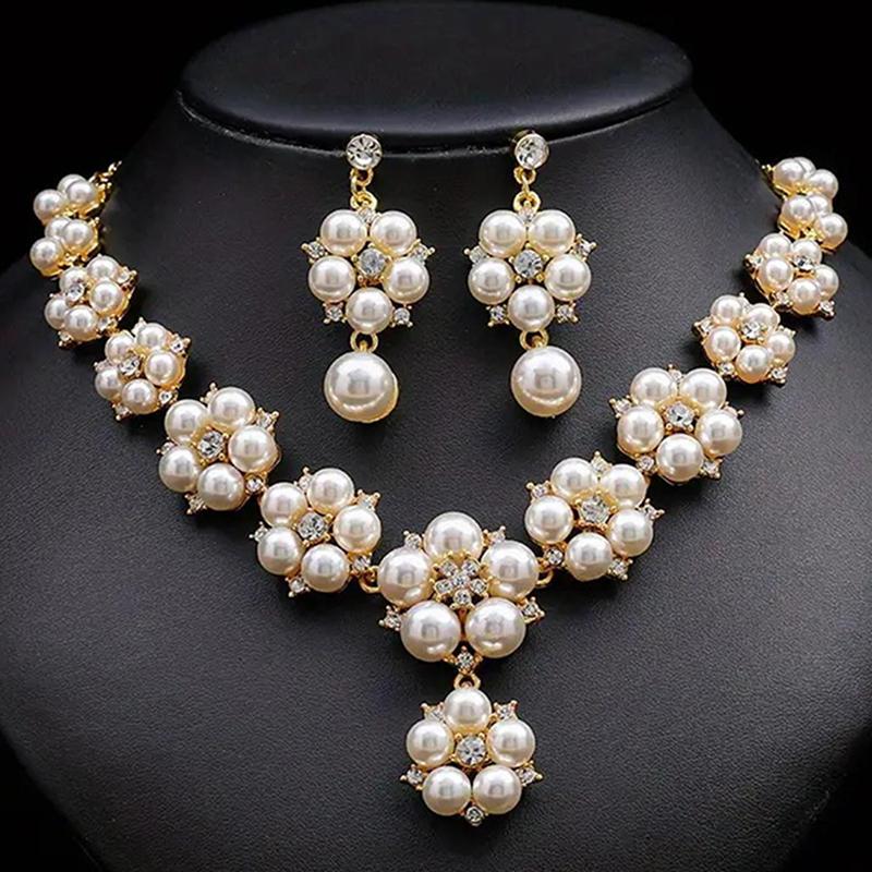 1 Set Bride Necklace Earrings Set Faux Pearl Flower  Luxury Women Girl Necklace Dangle Earrings Wedding Jewelry Gift