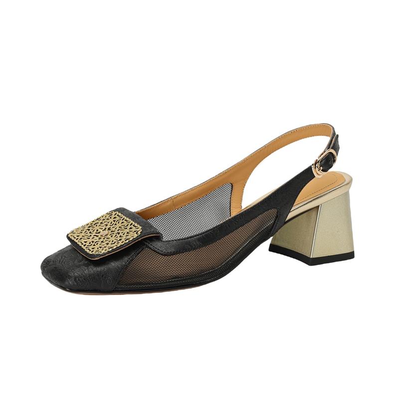 Fashion Women's New Summer Square Head Genuine Leather Cowhide Breathable Mesh Metal Jewelry High Heel Large Headed Muller Sandals