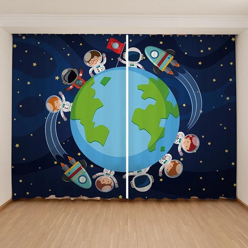 

Мультфильм милый космический астронавт планета высокая затемняющая занавеска детская мальчики девочки спальня окно темно-синяя серия узор 2 панели W55 X H120cm X 2&Grommet Top