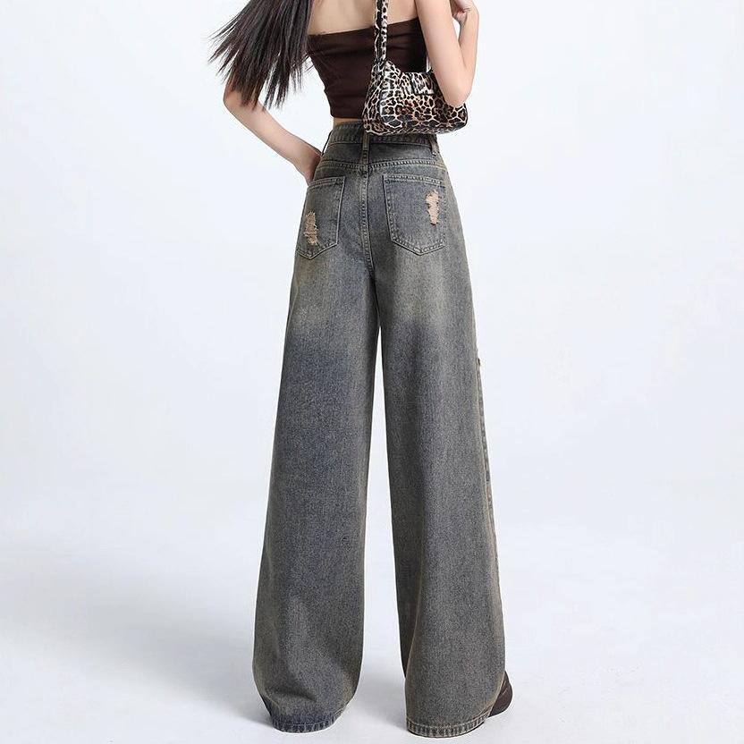 Big Size Broken Hole Wide Leg Denim Trousers Women Autumn Design Sense High Waist Hundred Versatile Loose Straight Trousers Long Denim Pants