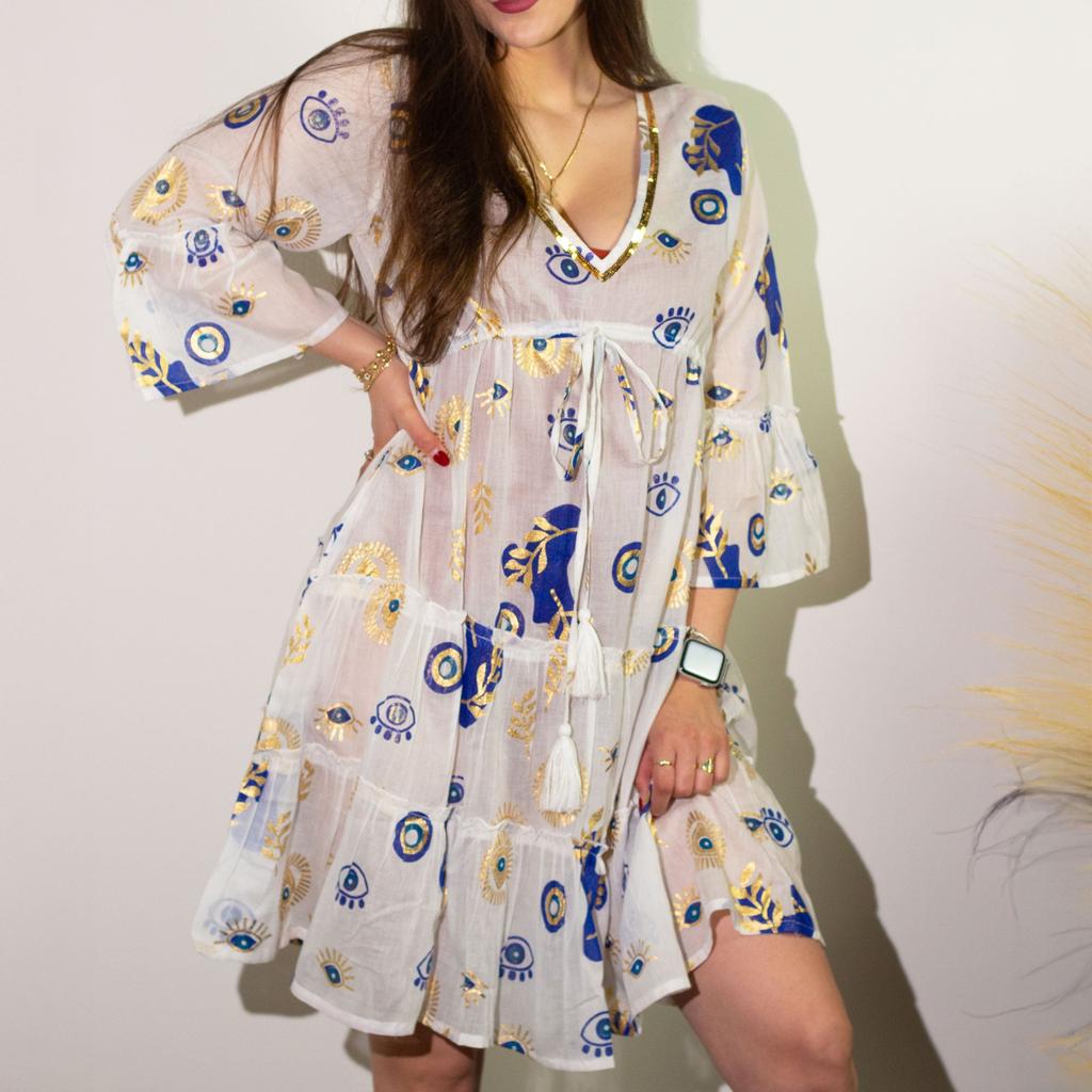 Evil Eye Dress – White Blue Gold L/Xl