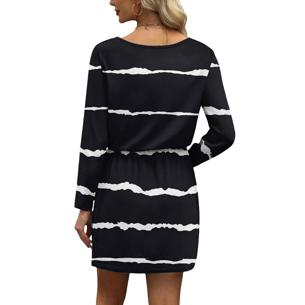 Women's Fashion V-Neck Long Sleeve Drawstring With Pocket Stripe Printed Casual Dresses