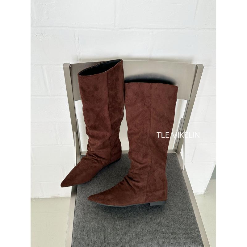 Retro semišové tenké boty s plochou podrážkou a špičatou špičkou dámské boty 2025 podzim a zima nové stohované boty vysoké jezdecké boty