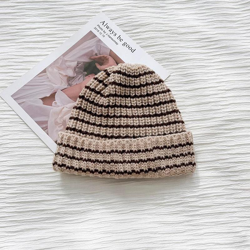 Japanese style Striped Letter Loose Large Headed Woolen Cap Warm and Versatile for Children In Autumn and Winter  Knitted Cap Pile Cap for Men