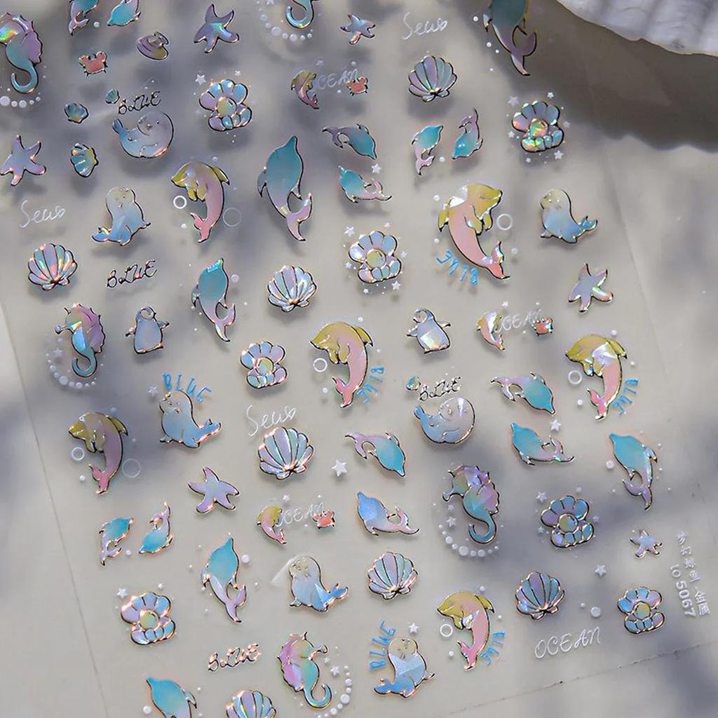 Laser Sliver Star Ocean Dolphin Whale Shoal of Fish Bubbles Sea Marine Organisms Nail Art Sticker Self Adhesive Manicure Decal