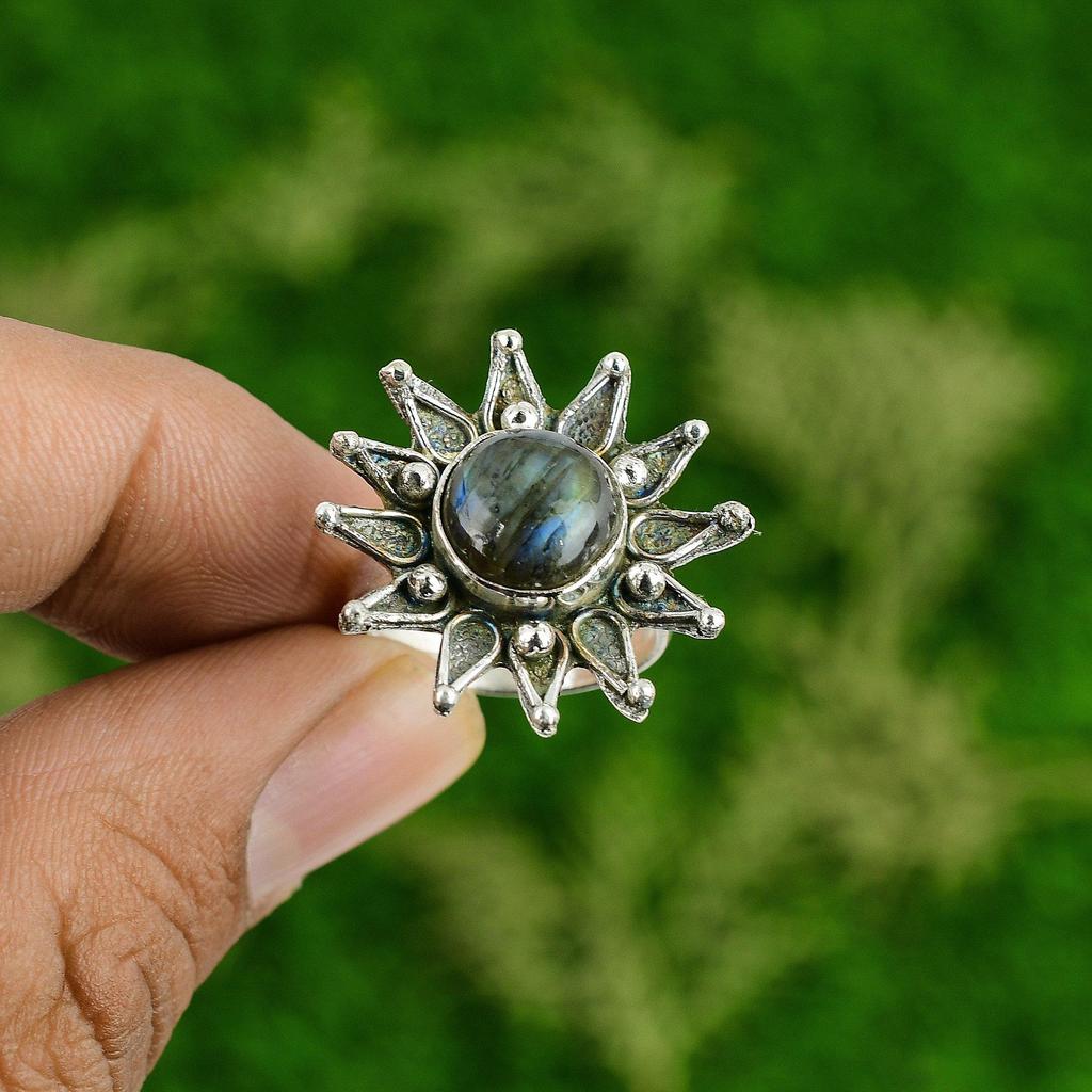 Womens day Deal 925 Sterling Silver Natural Labradorite Flower Stackable Ring