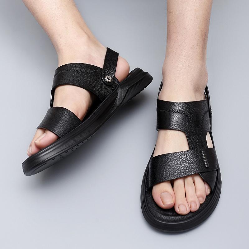 Men's Summer New Men's Sandals Men's Leather Beach Shoes Casual Men's Shoes Fashion Slippers Stripe Sandals Rubber Mens Shoes