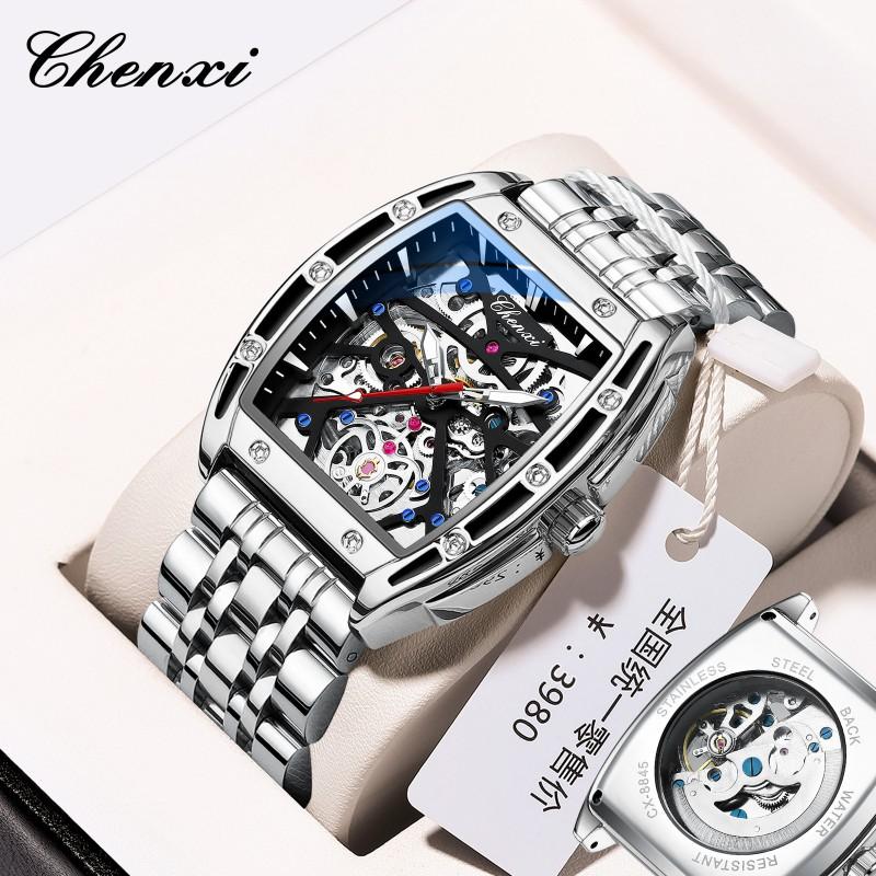 Mens Automatic Mechanical Watch Wine Barrel Skeleton Genuine Leather Waterproof 30M Luminous Casual Style