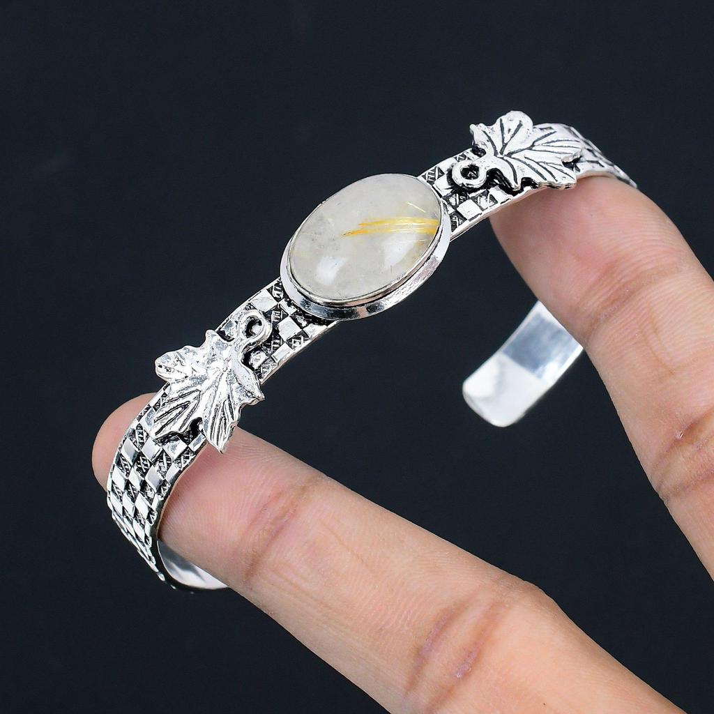 Ovales Natürliches Goldrutil Tochter Hochzeit Boho Armreif Armband Sterlingsilber