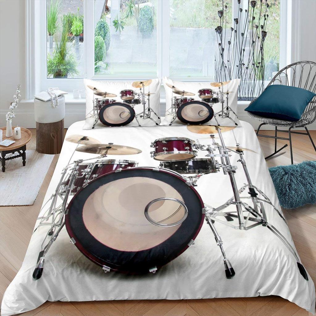 Rockmusik Weiß und Schwarz Bettbezug Doodle Zeichnung Skizze Schlagzeuger Musikalische Inspirationen Monochromes Arrangement Dekorativ Kinder