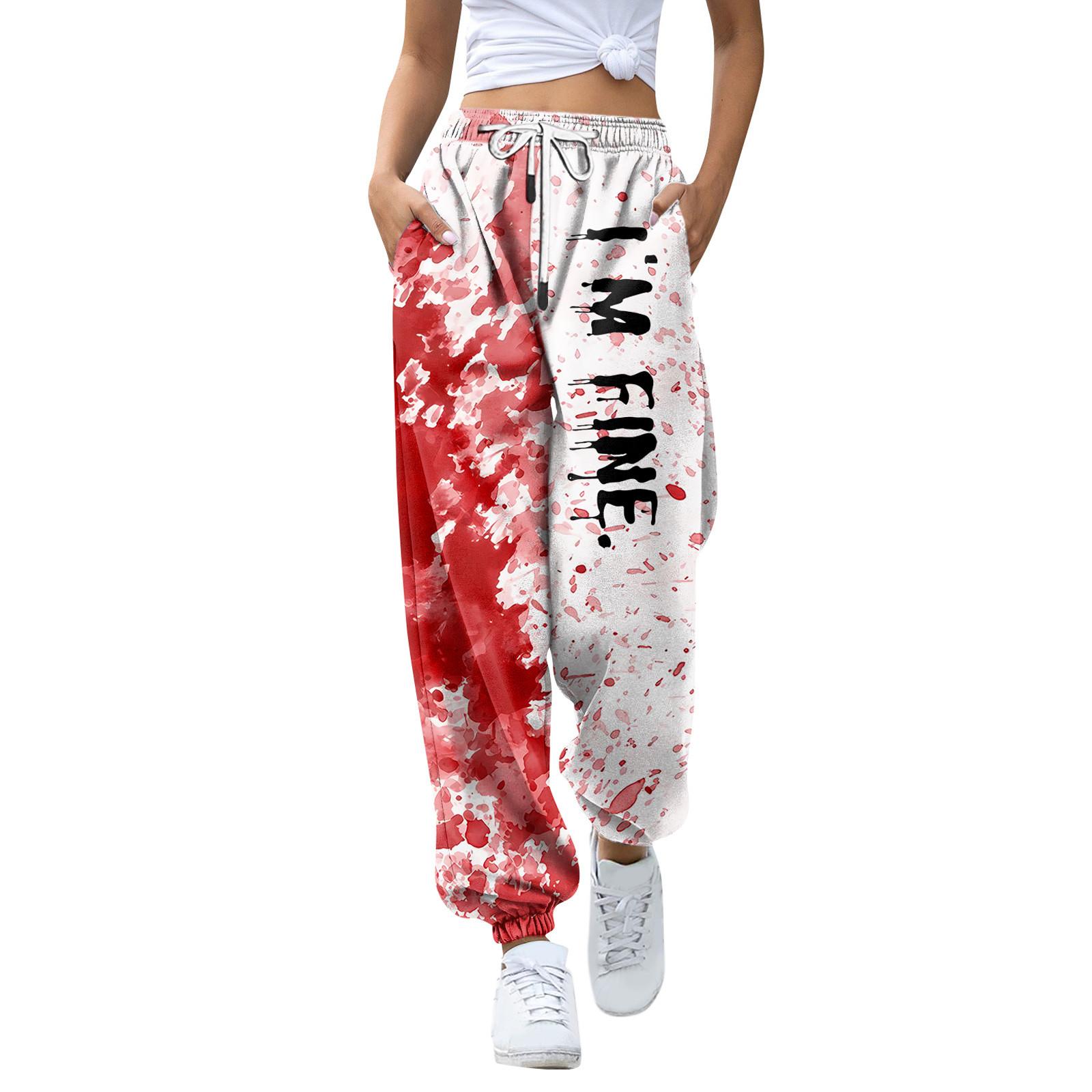 

Женские повседневные модные брюки для отдыха с принтом на Хэллоуин, спортивные штаны, брюки с эластичной резинкой на талии, брюки со шнурком XXL красный