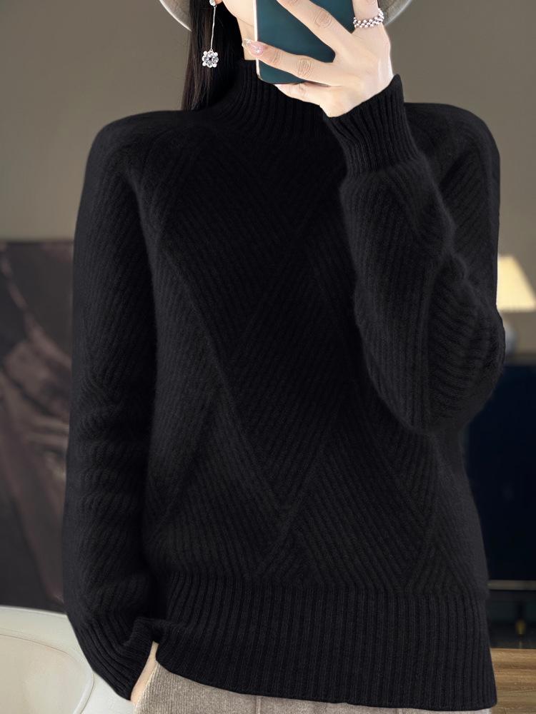 Women's Autumn & Winter Thick Cashmere Wool Sweater - Half-High Collar, Diamond Jacquard, Long Sleeve, Loose Fit