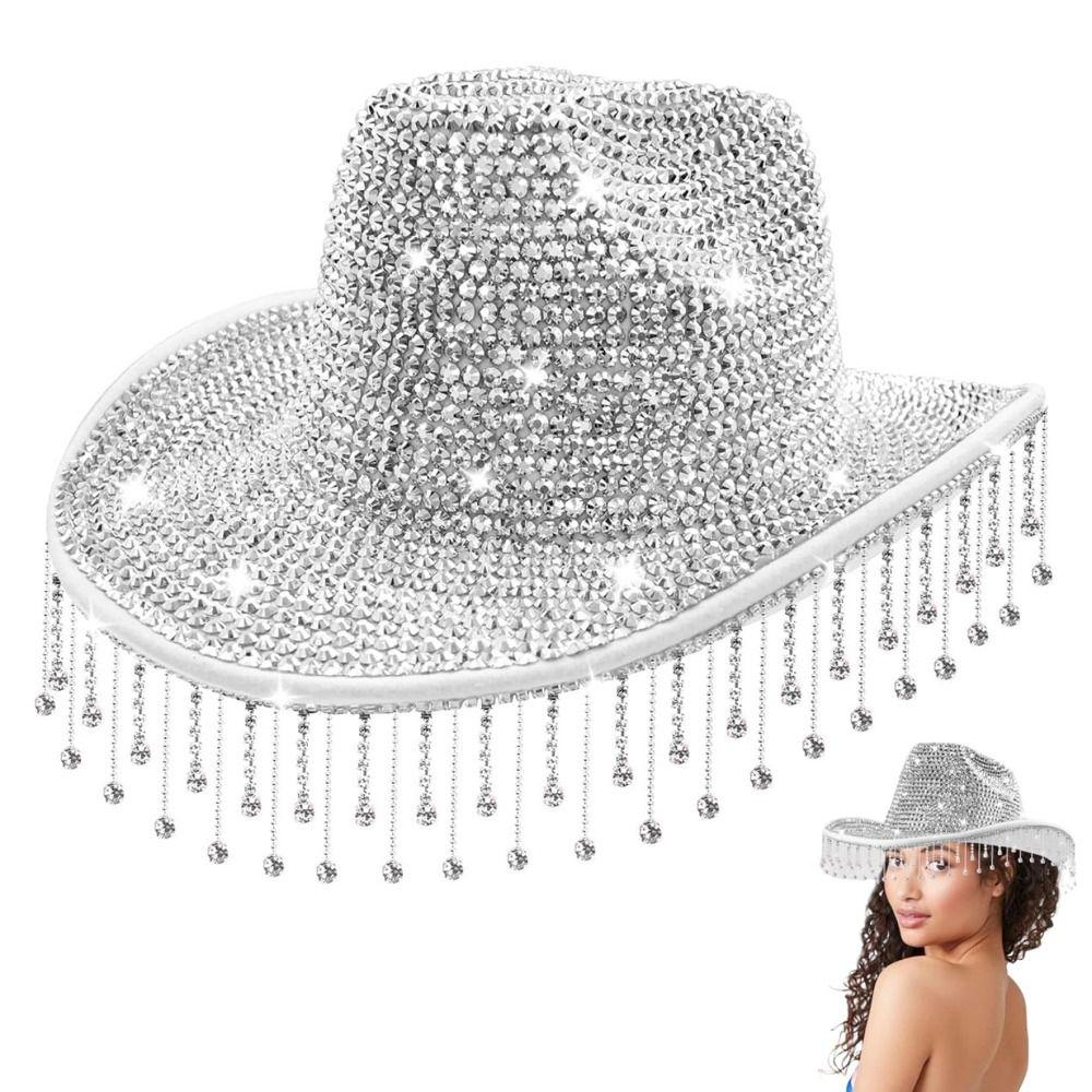 Adjustable Strap Rhinestone Cowgirl Hat Sun Protection Silver Cowboy Hat Bride Cowgirl Hat  Wedding