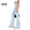Women Pants Mid-rise Elastic Waist Adjustable Side Drawstring Long Trousers Solid Color Skinny Flared Pants Daily Wear