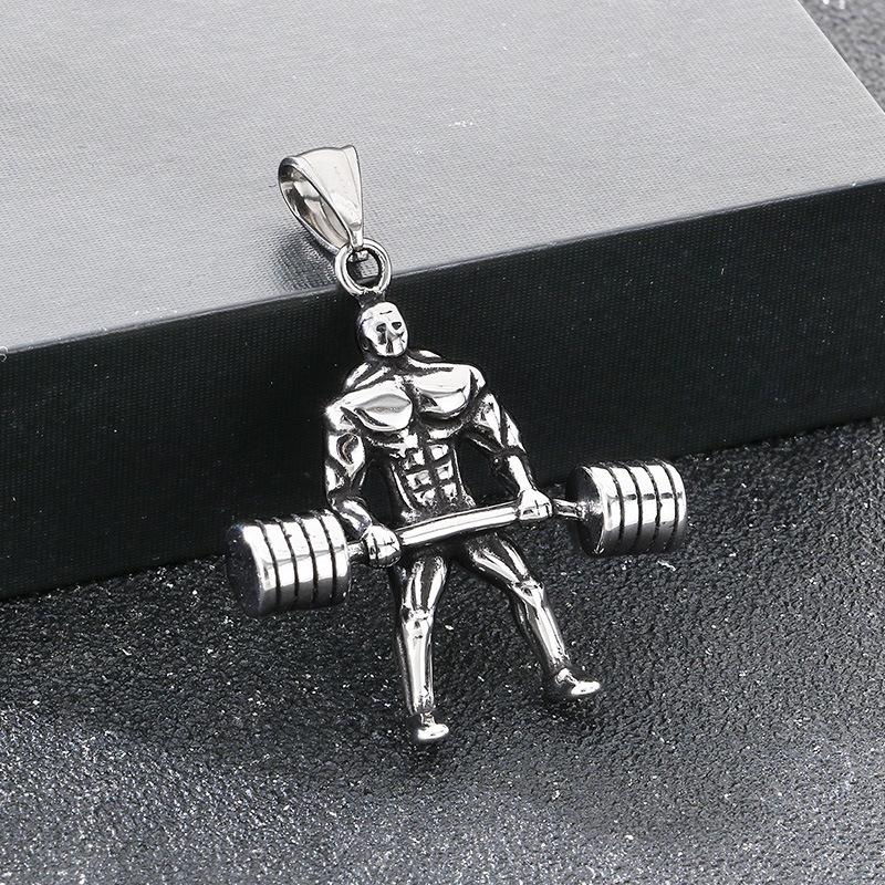 Fashionable Fitness Muscular Man Necklace Barbell Hip-Hop Style Retro Blackened Weightlifting Men's Pendant