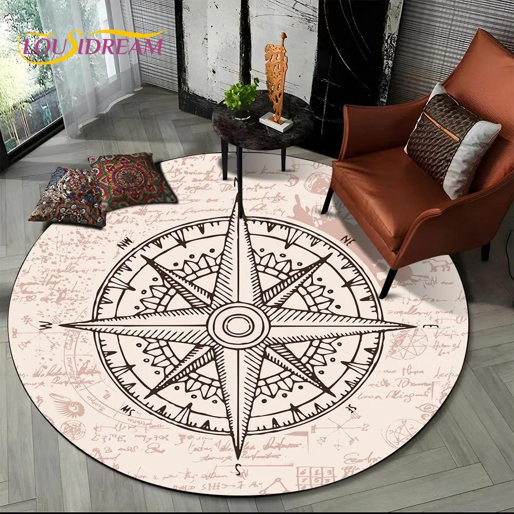 3D Retro Kompass Serie Kreis Teppich,Runder Teppich für Wohnzimmer Schlafzimmer Sofa Fußmatte Dekor Rutschfeste Bodenmatte Geschenk