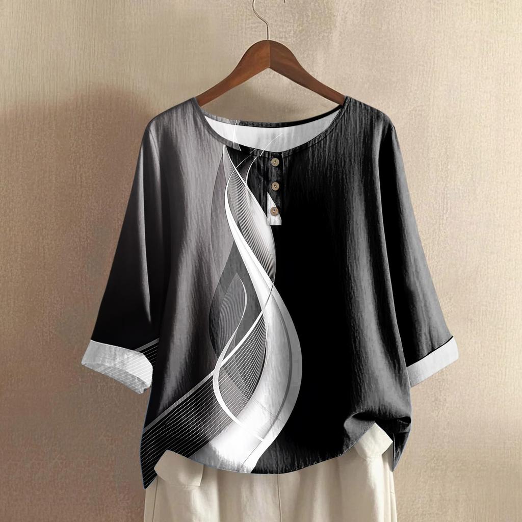 Damen Casual Dreiviertelarm Rundhals Farbverlauf Bedrucktes Baumwoll- und Leinenoberteil