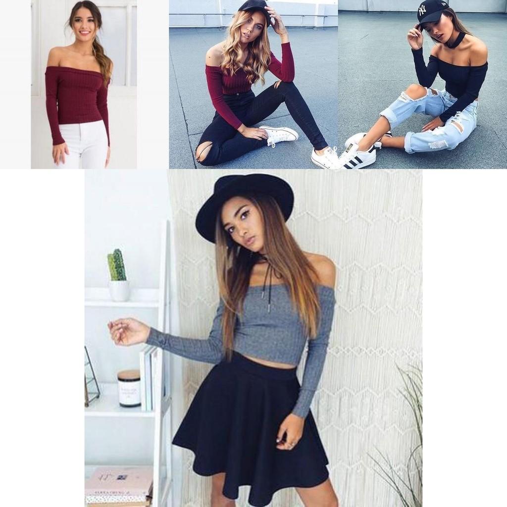 Premium Quality Mode Femme Decollete Crop Top With Long Sleeves For Stylish Comfort