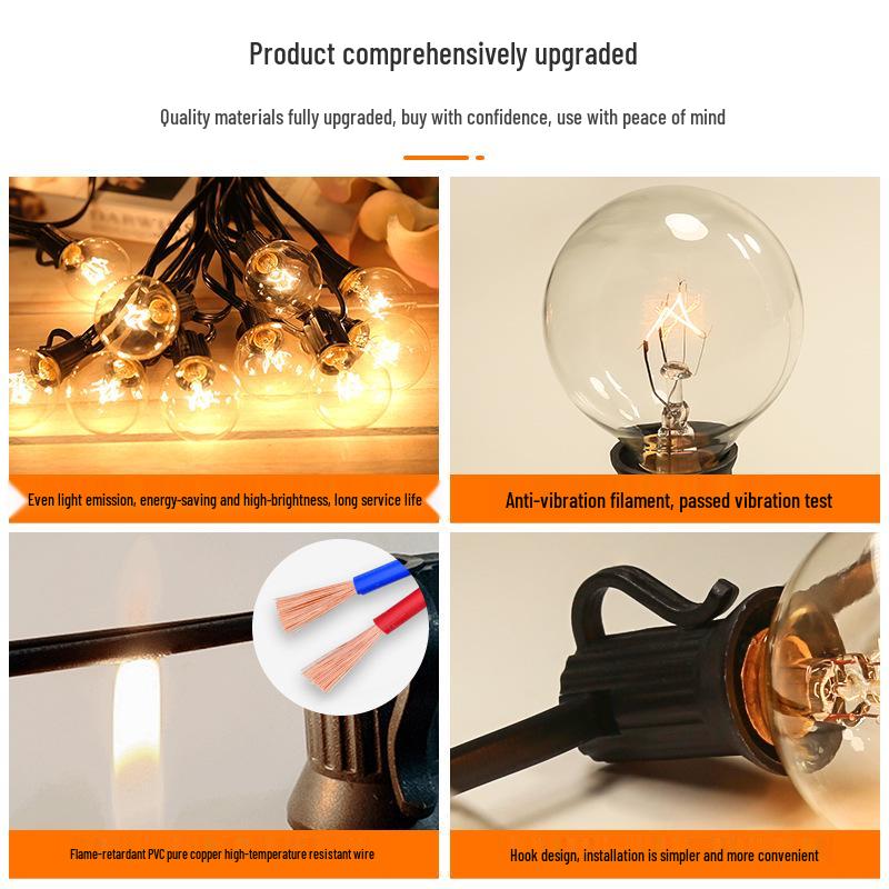 UK/US Standard G40 String Lights, 25 Clear Tungsten Filament, 220V, Indoor/Outdoor Decorative Lighting for Weddings and Christmas