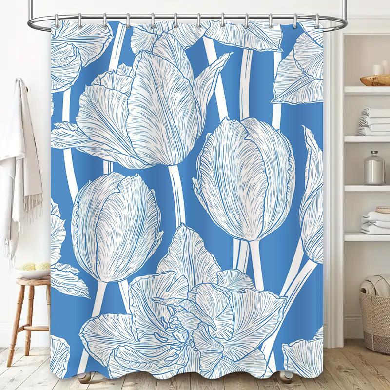 White Blue Modern Shower Curtain Waterproof Flower Print Home Decor Bathroom Decoration Wall Hanging Bath Mat for Kids Adults Si