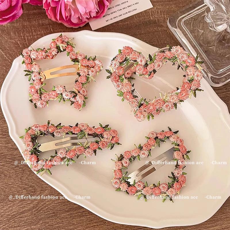 2025 Spring/Summer Sweet Pink Flower Embroidered Hair Clip for Kids
