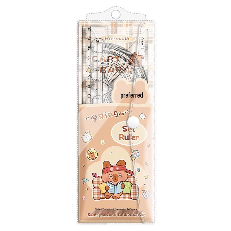 Capybara 4-Piece Student Ruler Set: Includes 20cm Square & Triangle Rulers, High-Quality Stationery for Primary School