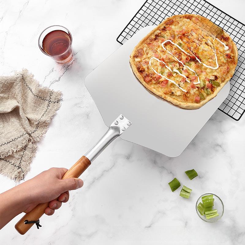 European & American 12"-14" Square Oak-Handled Aluminum Pizza Peel - Long Handle & Detachable Shovel for Oven Transfer.