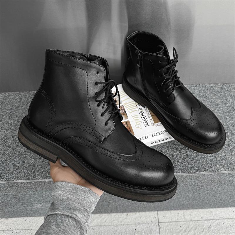plus size men casual business office original leather boots carved brogue shoes black brown cowboy boot platform ankle botas man