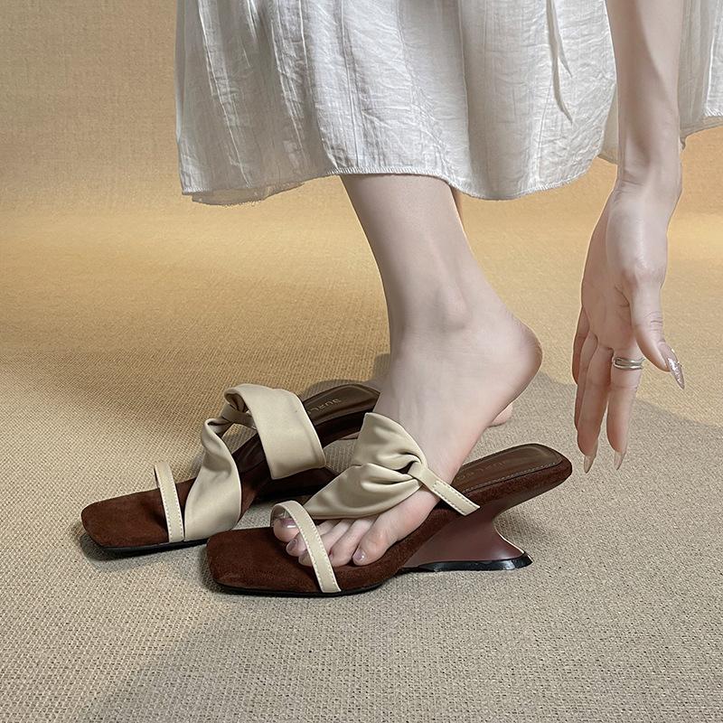 New niche lazy two wear high-heeled sandals for women's summer wear wedge heels cool slippers open-toed women's shoes